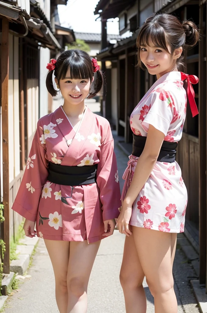 2 girls standing in old-Japanese street,floral pink yukata with red obi,18-year-old,bangs,a little smile,thighs,knees,short hair and low pigtails with red ribbon bow,from before,front light