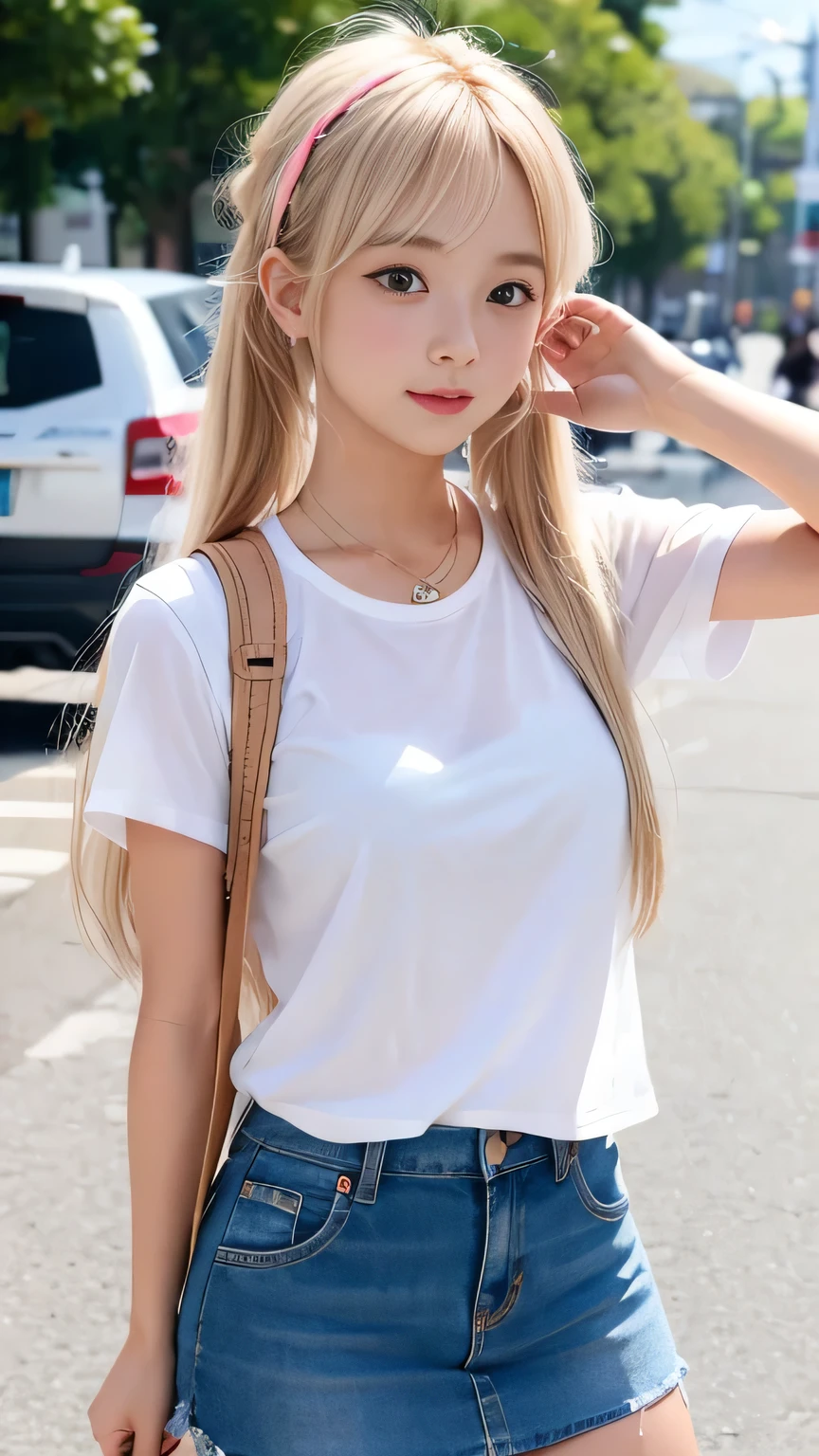 full body shot(8k, photorealistic, RAW photo, highest quality), transparent clarity, Japanese woman, brightest blonde hair, medium-length hair, heavy makeup, light eyebrows, young person's clothing, modest attire, T-shirt, extremely detailed face, double eyelids, sharp focus, beautiful woman, highest quality, masterpiece, ultra-high resolution, (photorealistic), very detailed and professionally lit smile, thin, serious expression, Shibuya, intersection, looking straight ahead, gold-colored contact lenses, ultra-high-definition photo, (beautiful facial details, detailed skin texture, ultra-detailed body)