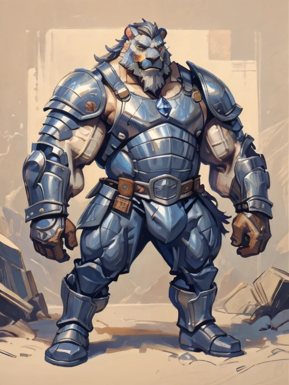 burly virile hairy werelion, in a suit of armor, a himbo muscle daddy, middle-aged dilf, hirsute, overmuscular and musclebound, bulging veiny muscles, a warrior's build, a bodybuilder's physique, long bushy and a thick mustache, a square jaw, handsome and dreamy, grey hair, a knight clad in full armor