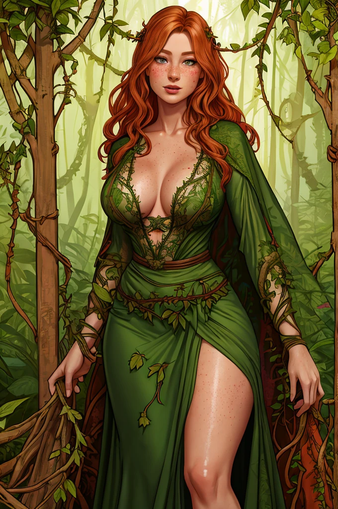 rubenesque woman, standing in a forest glade, woman, reddish-blonde, freckles, ((covered in vines)), druidess, vines, robe of vines and leaves, pinup, ((see-though)) clothes,  clothes,
