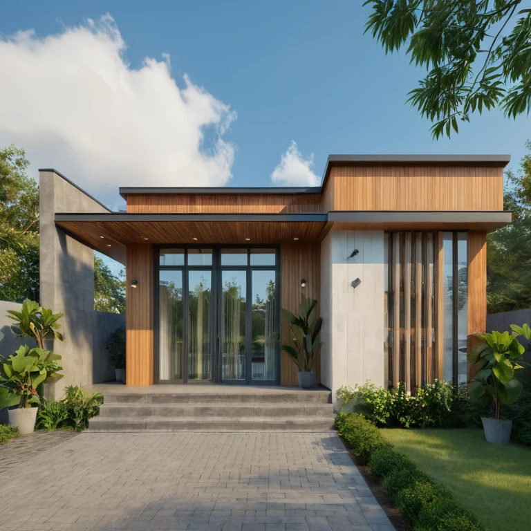 Raw photo,Masterpiece, high quality, best quality, authentic, super detail,
exterior, outdoors, house style modern on the street, glass windows, gate, wooden ceiling,
road,pavement, trees, sky, cloud, (daylight:1.1)