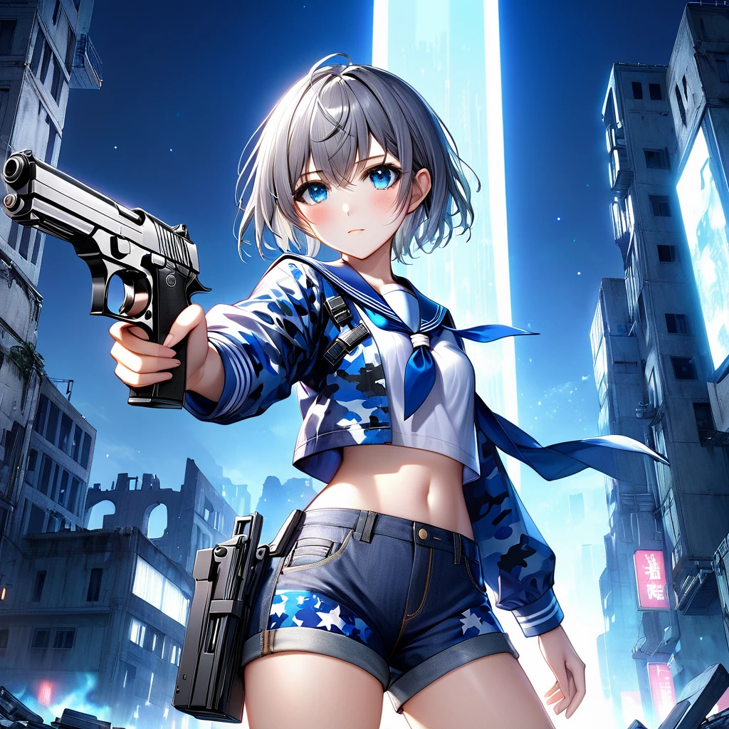 Against the background of night darkness、The ruins of a futuristic cityscape were quietly illuminated by the moonlight.。Gray Hair、蒼目のSerious expressionの胸の小さい少女が、魅力的なThighsを晒しながらハンドガンを構える。(Hold the handgun in your left hand to the left、Hold the handgun in your right hand to the right:1.5)、(Hold the handgun in your left hand to the leftする、Hold the handgun in your right hand to the right:1.5)、(Serious expression)、Gray Hairの狂人、Esbian all over、 ((Clear blue eyes))、((Short Hair))、(Sailor suit with urban camouflage pattern:1.5)、(Denim shorts:1.5)、(spats:1.5)、 (Bangs are a bit long)、BREAK(Cinematic Angles)、(3D Rendering)、(Absolute Area: 1.22)、(Thighs)、(Plump)、(Fiber Shading: 1.22)、Subjective composition、(masterpiece、Highest quality、High resolution、Super detailed、Super detailed肌: 1.5) 、 (Super detailed髪: 1.3) 、 (Perfect Anatomy: 1.5) 、 (Perfect Anatomy: 1.5) 、 (Beautiful Eyes: 1.3) 、 (Highly detailed face and skin texture:1.3) 、(Clear Detail)、 {Background Blur: 1.3} 、(Perfect lighting)、BREAK 高精細CG、Unity 8k wallpaper、Official Art、(Whole body composition: 1.22)、(Character Focus: 1.22)、(blush: 1.22)、(Looking up: 1.22)、3D Rendering、Conceptual Art、cyber punk、sharp sketch、shooter