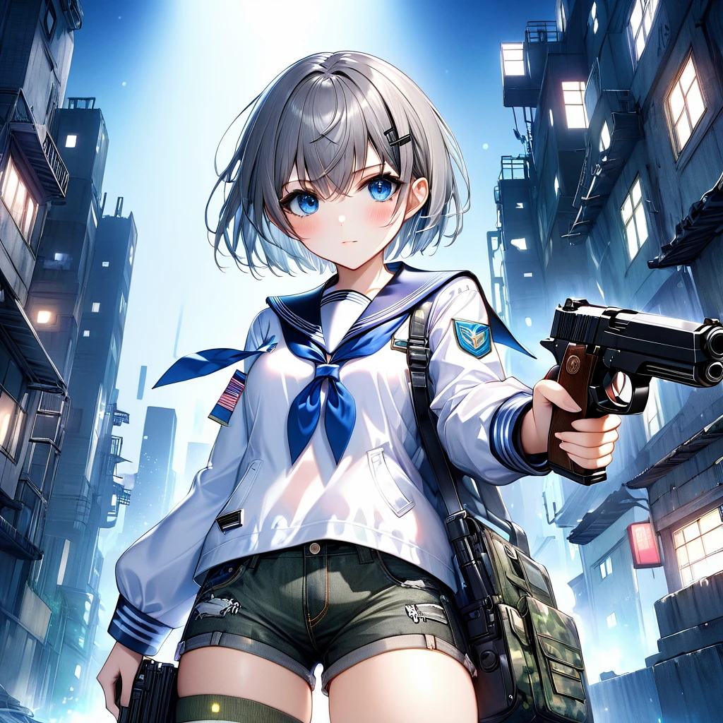 Against the background of night darkness、The ruins of a futuristic cityscape were quietly illuminated by the moonlight.。Gray Hair、蒼目のSerious expressionの胸の小さい少女が、魅力的なThighsを晒しながらハンドガンを構える。(Hold the handgun in your left hand to the left、Hold the handgun in your right hand to the right:1.5)、(Hold the handgun in your left hand to the leftする、Hold the handgun in your right hand to the right:1.5)、(Serious expression)、Gray Hairの狂人、Esbian all over、 ((Clear blue eyes))、((Short Hair))、(Sailor suit with urban camouflage pattern:1.5)、(Denim shorts:1.5)、(spats:1.5)、 (Bangs are a bit long)、BREAK(Cinematic Angles)、(3D Rendering)、(Absolute Area: 1.22)、(Thighs)、(Plump)、(Fiber Shading: 1.22)、Subjective composition、(masterpiece、Highest quality、High resolution、Super detailed、Super detailed肌: 1.5) 、 (Super detailed髪: 1.3) 、 (Perfect : 1.5) 、 (Perfect : 1.5) 、 (Beautiful Eyes: 1.3) 、 (Highly detailed face and skin texture:1.3) 、(Clear Detail)、 {Background Blur: 1.3} 、(Perfect lighting)、BREAK 高精細CG、Unity 8k wallpaper、Official Art、(Whole body composition: 1.22)、(Character Focus: 1.22)、(blush: 1.22)、(Looking up: 1.22)、3D Rendering、Conceptual Art、cyber punk、sharp sketch、shooter