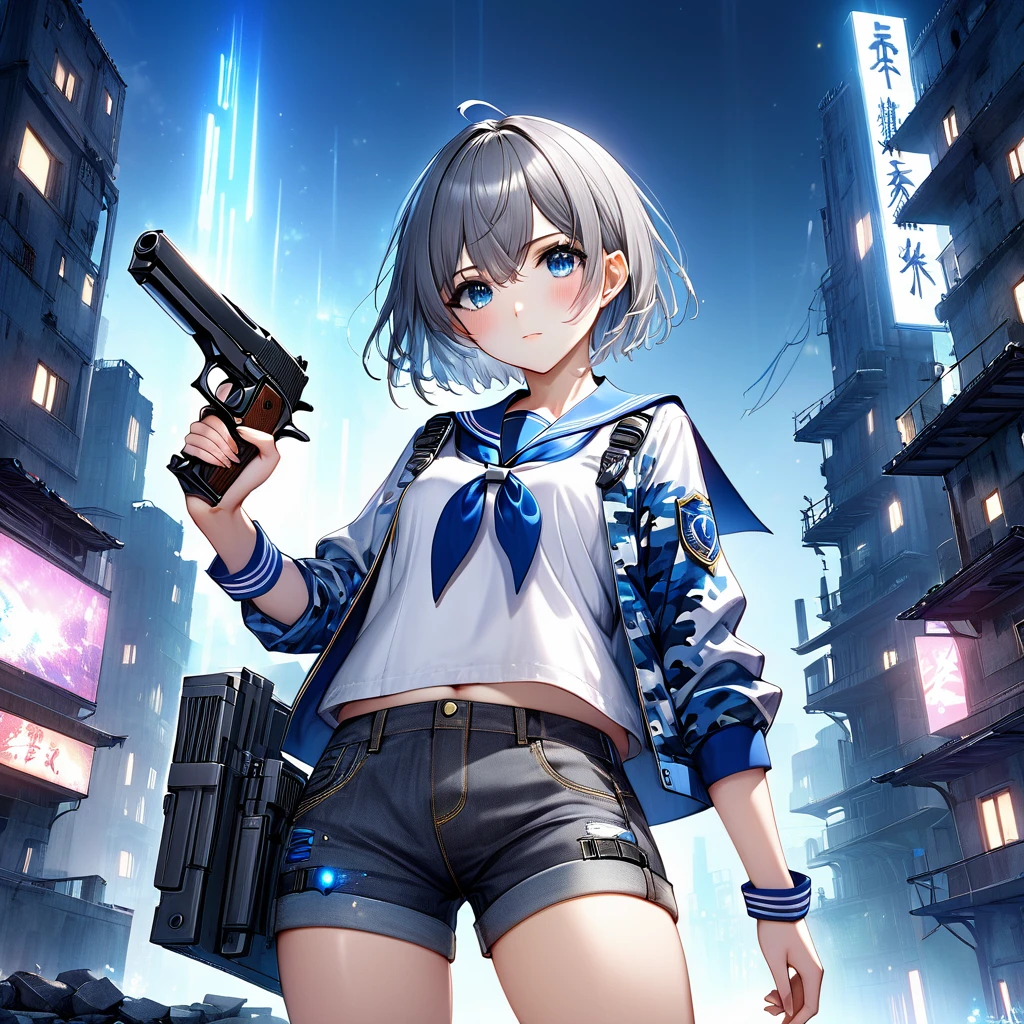 Against the background of night darkness、The ruins of a futuristic cityscape were quietly illuminated by the moonlight.。Gray Hair、蒼目のSerious expressionの胸の小さい少女が、魅力的なThighsを晒しながらハンドガンを構える。(Hold the handgun in your left hand to the left、Hold the handgun in your right hand to the right:1.5)、(Hold the handgun in your left hand to the leftする、Hold the handgun in your right hand to the right:1.5)、(Serious expression)、Gray Hairの狂人、Esbian all over、 ((Clear blue eyes))、((Short Hair))、(Sailor suit with urban camouflage pattern:1.5)、(Denim shorts:1.5)、(spats:1.5)、 (Bangs are a bit long)、BREAK(Cinematic Angles)、(3D Rendering)、(Absolute Area: 1.22)、(Thighs)、(Plump)、(Fiber Shading: 1.22)、Subjective composition、(masterpiece、Highest quality、High resolution、Super detailed、Super detailed肌: 1.5) 、 (Super detailed髪: 1.3) 、 (Perfect Anatomy: 1.5) 、 (Perfect Anatomy: 1.5) 、 (Beautiful Eyes: 1.3) 、 (Highly detailed face and skin texture:1.3) 、(Clear Detail)、 {Background Blur: 1.3} 、(Perfect lighting)、BREAK 高精細CG、Unity 8k wallpaper、Official Art、(Whole body composition: 1.22)、(Character Focus: 1.22)、(blush: 1.22)、(Looking up: 1.22)、3D Rendering、Conceptual Art、cyber punk、sharp sketch、shooter