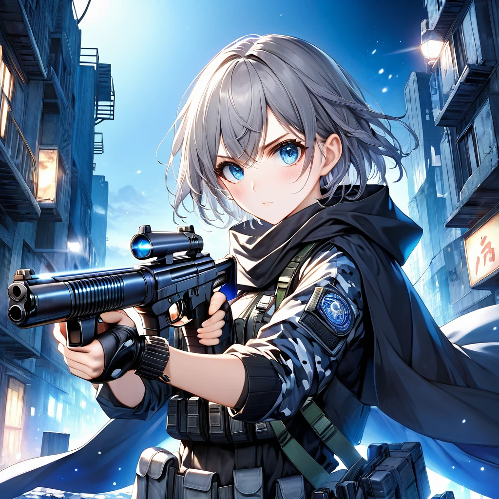 Against the background of night darkness、A ruined city in the near future is quietly illuminated by moonlight.。Gray Hair、A girl wearing blue-eyed city camouflage and a black cloak。A girl with a serious face holding a submachine gun is in a shooting position、She is shooting forward with a submachine gun in her hand, showing off her thighs.。(masterpiece、Highest quality、High resolution、Super detailed、 (Super detailed肌: 1.3) 、 (Super detailed髪: 1.3) 、 (Perfect Anatomy: 1.5) 、 (Perfect Anatomy: 1.5) 、 (Beautiful Eyes、Five fingers: 1.3) 、 (Highly detailed face and skin texture:1.3) 、(Clear Detail)、 {Background Blur: 1.3} 、(Perfect lighting)、High-definition CG、Unity 8k wallpaper、Official Art、(Whole body composition: 1.22)、(Character Focus: 1.22)、(blush: 1.22)、(Looking up: 1.22)、3D Rendering、Conceptual Art、sharp sketch、shooter