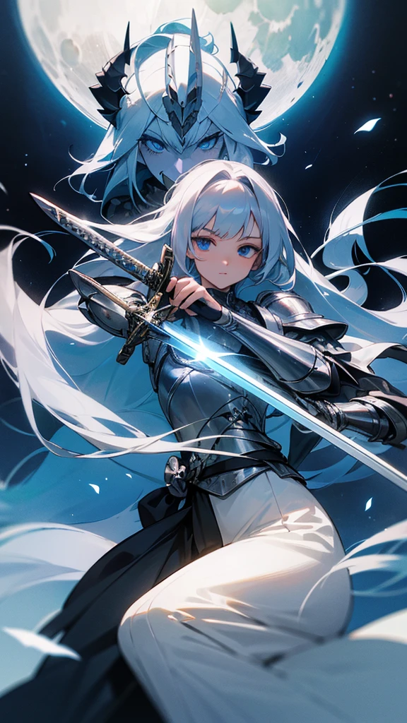 (Long Hair) (Silver Hair) (Silver Armor) (moon) (Dark blue eyes) (Carry a long sword),beautiful girl,One person