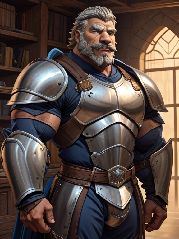 burly virile hairy werelion, in a suit of armor, a himbo muscle daddy, middle-aged dilf, hirsute, overmuscular and musclebound, bulging veiny muscles, a warrior's build, a bodybuilder's physique, long bushy and a thick mustache, a square jaw, handsome and dreamy, grey hair, a knight clad in full armor