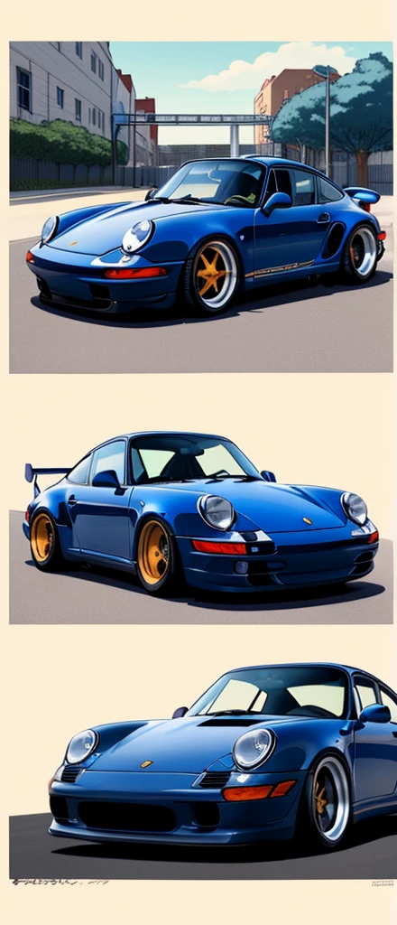 
Navy blue 
Porsche 911 rwb, wide body, sketch, 
cartoonish, comic strip, rendering, purple wheels, bagged, slammed to the ground, empty parkinglot, style dessin manga, couleur