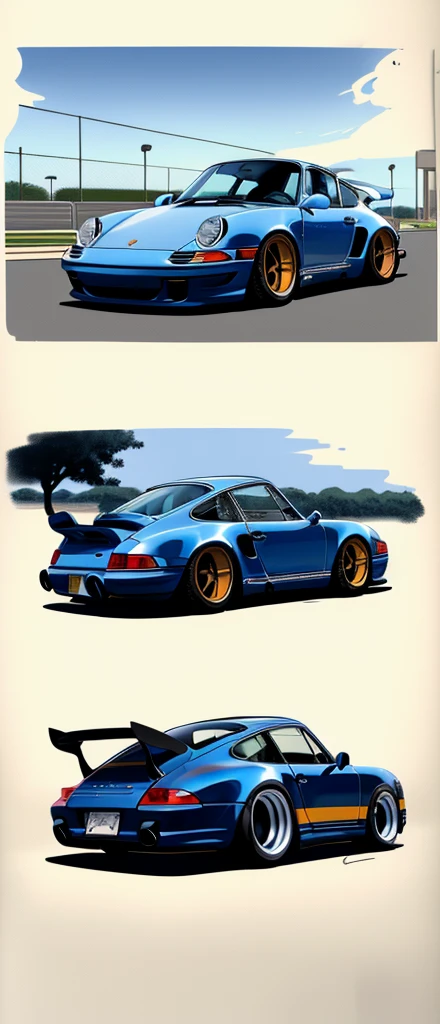 
Navy blue 
Porsche 911 rwb, wide body, sketch, 
cartoonish, comic strip, rendering, purple wheels, bagged, slammed to the ground, empty parkinglot, style dessin manga, couleur