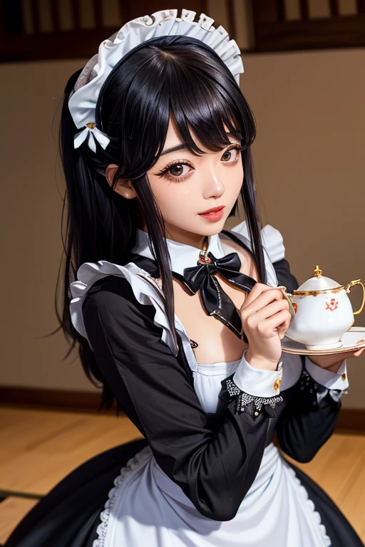 8K、Very detailed、Semi-long hair of black color、Medium chest、Japanese women、(french maid fashion:1.4)、 Pouring tea、Pouring into teacup