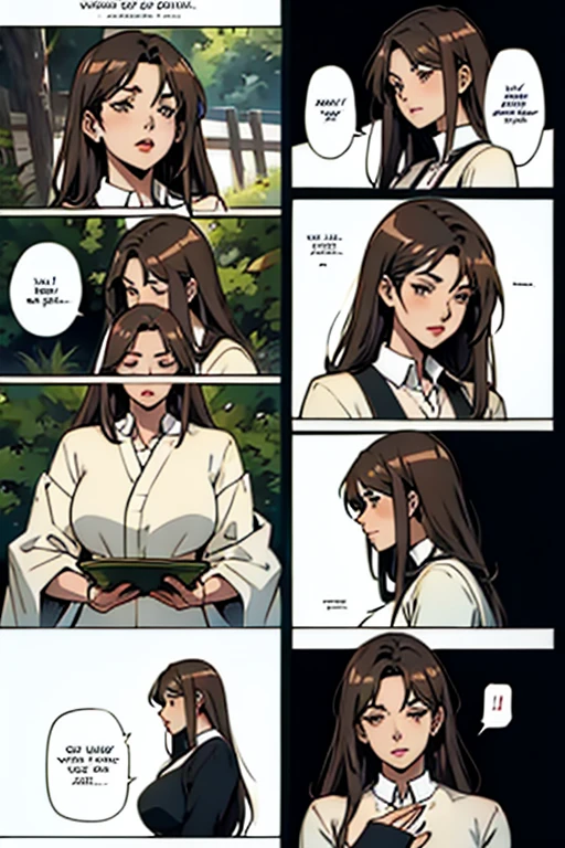 Mature women with long brown hair with lipstick , gentle eyes, holding herbs and meditating , manga page with panels and dialogue