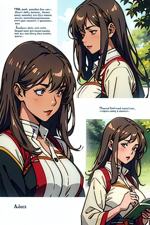 Mature women with long brown hair with lipstick , gentle eyes, holding herbs and meditating , manga page with panels and dialogue