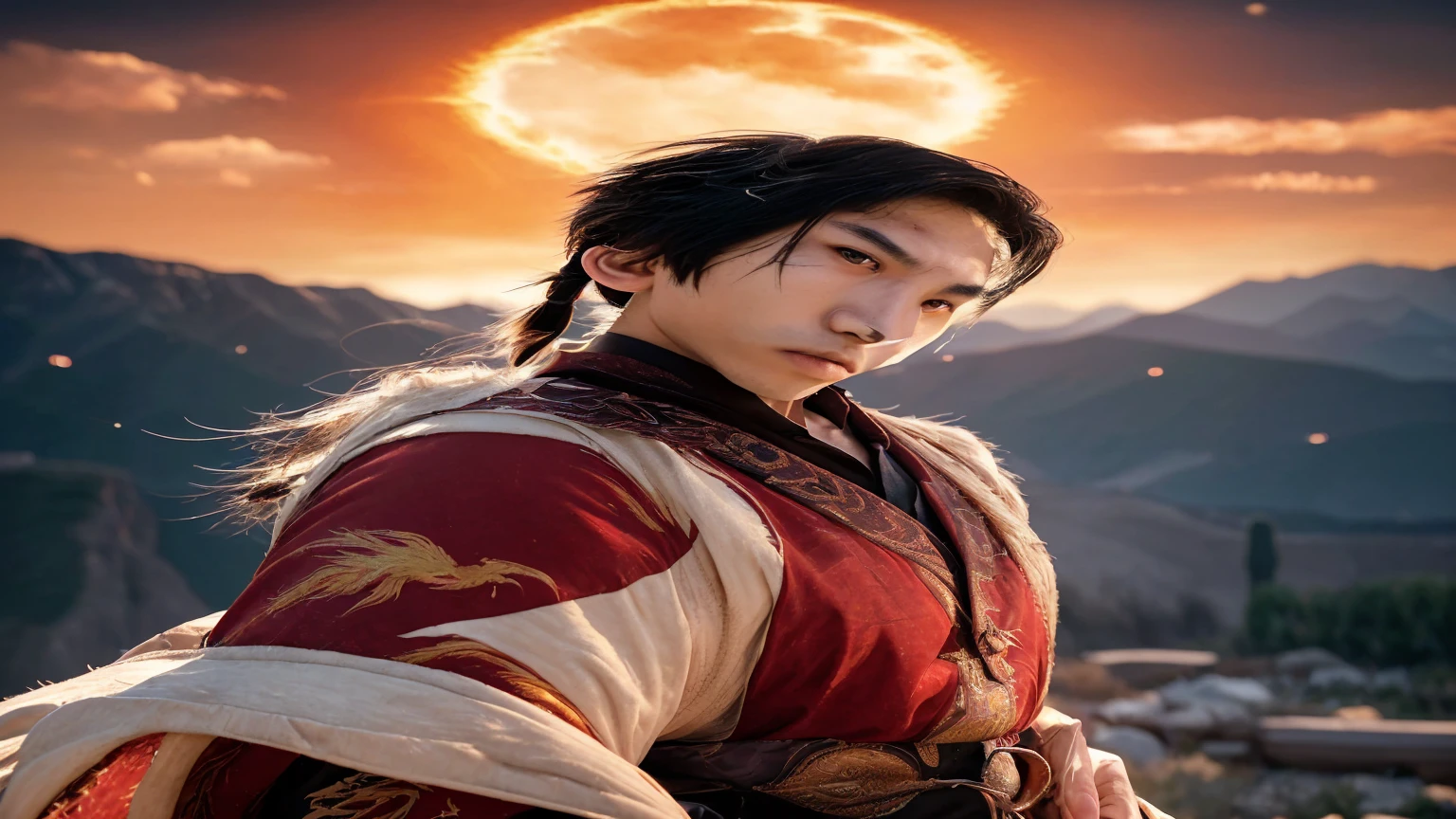 8K, masterpiece, A 21-year-old Asian man，Sparse eyebrows，Oval face，Phoenix Eyes, Handsome face，Man whole body ，Mountains in the background, It's night。Deep blue sky，Full Moon，His skin is very fair，He is very slim,  The limbs have obvious muscle lines，HD Photography，Real-world scenarios，Perfect eyes, Perfect skin, Perfect hands, Lots of details, Wearing a red robe embroidered with a white dragon pattern, Red trousers, Red turtleneck shirt, fire, fire焰, magic, Messy long hair, Ponytail, Looking into the distance, Demonic eyes on the audience, Cool and attractive, standing atop a mountain peak, Wind Blow, ((Red Dragon))