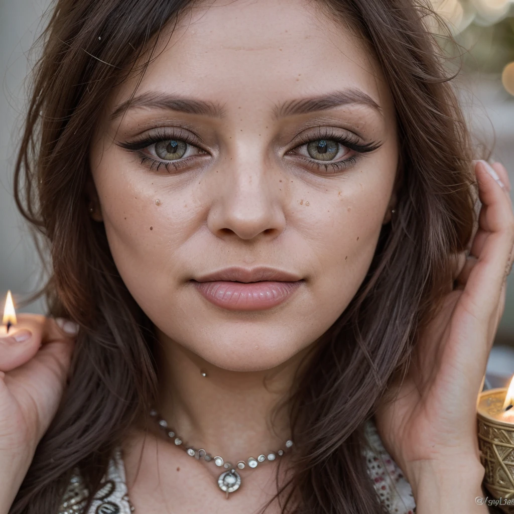 beautiful detailed eyes,beautiful detailed lips,extremely detailed eyes and face,longeyelashes, beautiful portrait, hyper realistic, intricate details, A photorealistic image of a woman 35 years old, tarot reader, sitted on a table with tarot cards and candles. Shot from a close-up angle to capture the sense of texture and vibrancy.