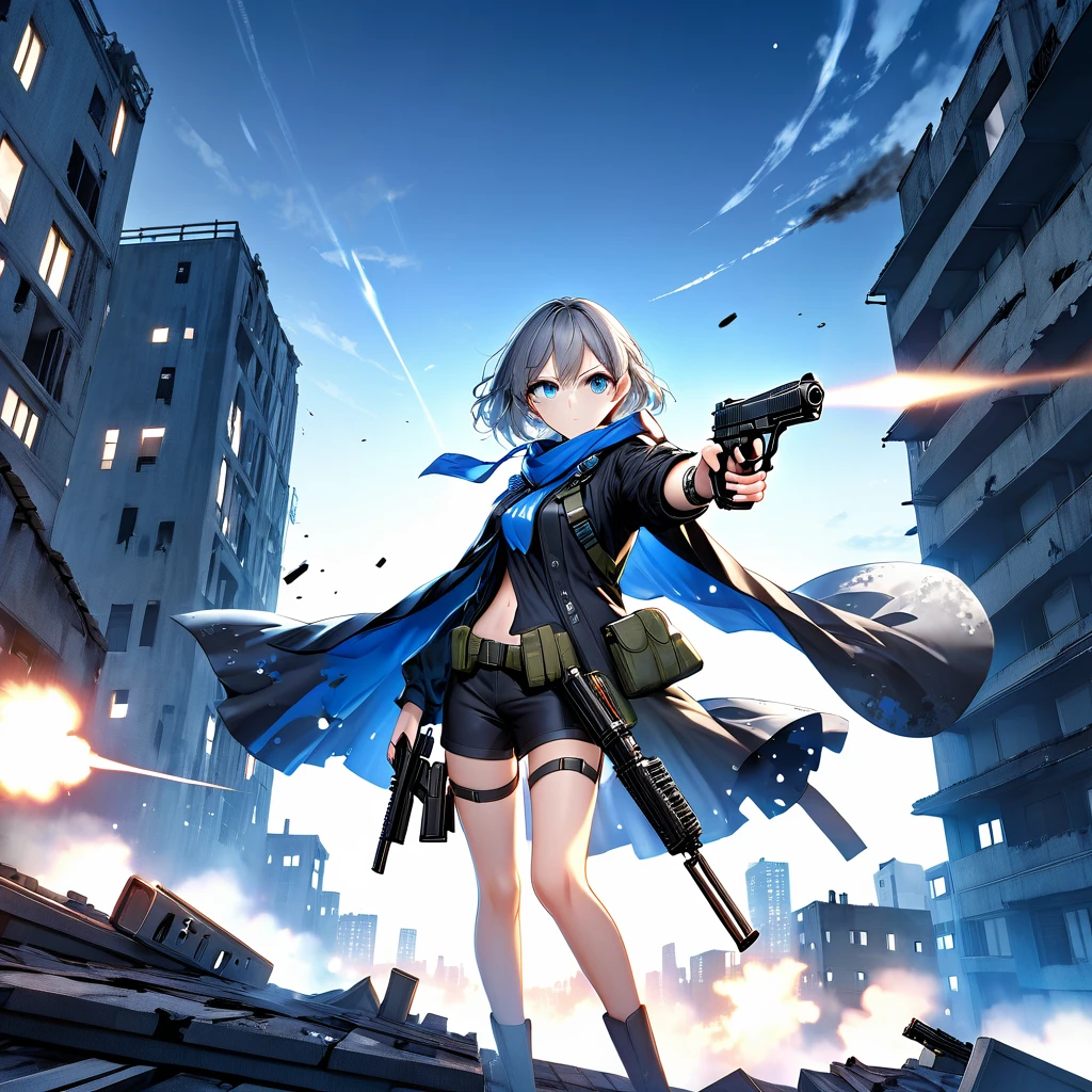 Against the background of night darkness、A ruined city in the near future is quietly illuminated by moonlight.。Gray Hair、A girl wearing blue-eyed city camouflage and a black cloak。A girl with a serious face holding a submachine gun is in a shooting position、She is shooting forward with a submachine gun in her hand, showing off her thighs.。(masterpiece、Highest quality、High resolution、Super detailed、 (Super detailed肌: 1.3) 、 (Super detailed髪: 1.3) 、 (Perfect Anatomy: 1.5) 、 (Perfect Anatomy: 1.5) 、 (Beautiful Eyes、Five fingers: 1.3) 、 (Highly detailed face and skin texture:1.3) 、(Clear Detail)、 {Background Blur: 1.3} 、(Perfect lighting)、High-definition CG、Unity 8k wallpaper、Official Art、(Whole body composition: 1.22)、(Character Focus: 1.22)、(blush: 1.22)、(Looking up: 1.22)、3D Rendering、Conceptual Art、sharp sketch、shooter、BREAK ((aiming at viewer)), (Holding a pistol, Handgun: 1.5), On the roof of a building, Blowing in the wind
