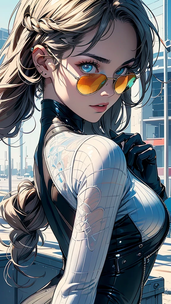 (((masterpiece, highest quality))),(((solo:1.2))),(((1girl:1.2))),32k wallpaper, very detailed,(((((portfolio))))),(((((Close-up))))),(((((bust up))))),((((more various angle)))),(((highlight))),((((heterochromia)))),(((complete. detailed face))),((((Extremely talented)))),((((Wonderfully detailed complicated machine)))),((((genius mechanic)))),((Overall colorfully)),(((perfect clear skinn))),(((bodysuits))),(((Latest model sunglasses))),(((reflection neon))),(halftone:1.2)