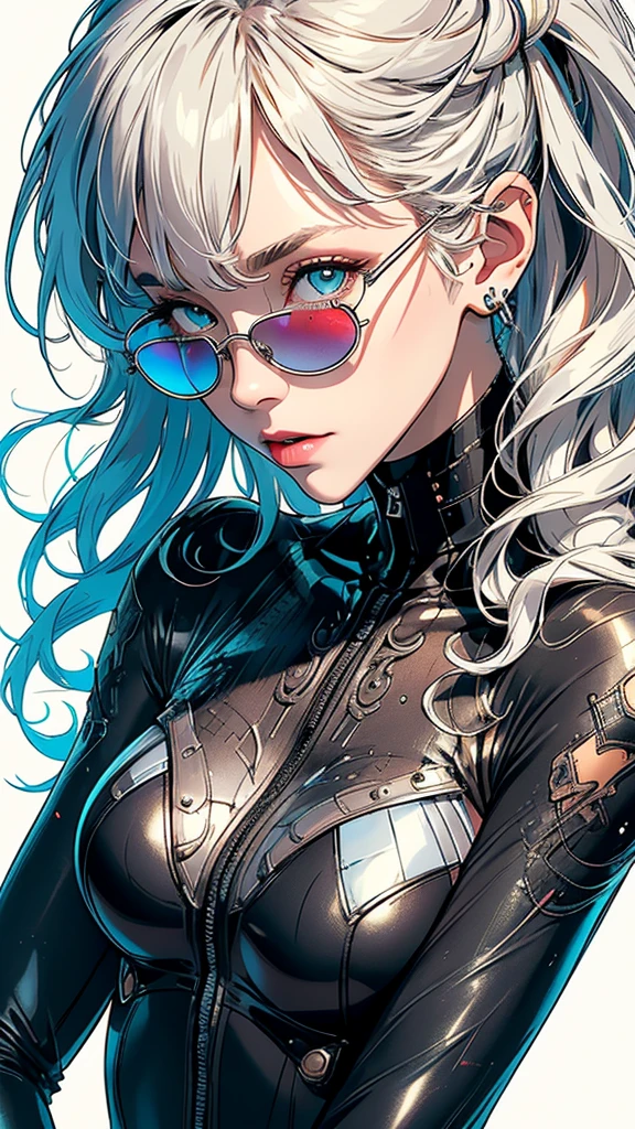 (((masterpiece, highest quality))),(((solo:1.2))),(((1girl:1.2))),32k wallpaper, very detailed,(((((portfolio))))),(((((Close-up))))),(((((bust up))))),((((more various angle)))),(((highlight))),((((heterochromia)))),(((complete. detailed face))),((((Extremely talented)))),((((Wonderfully detailed complicated machine)))),((((genius mechanic)))),((Overall colorfully)),(((perfect clear skinn))),(((bodysuits))),(((Latest model sunglasses))),(((reflection neon))),(halftone:1.2)