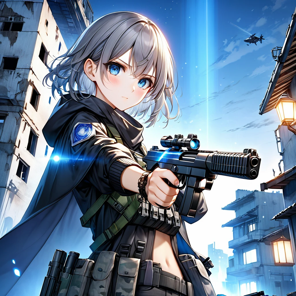 Against the background of night darkness、A ruined city in the near future is quietly illuminated by moonlight.。Gray Hair、A girl wearing blue-eyed city camouflage and a black cloak。A girl with a serious face holding a submachine gun is in a shooting position、She is shooting forward with a submachine gun in her hand, showing off her thighs.。(masterpiece、Highest quality、High resolution、Super detailed、 (Super detailed肌: 1.3) 、 (Super detailed髪: 1.3) 、 (Perfect Anatomy: 1.5) 、 (Perfect Anatomy: 1.5) 、 (Beautiful Eyes、Five fingers: 1.3) 、 (Highly detailed face and skin texture:1.3) 、(Clear Detail)、 {Background Blur: 1.3} 、(Perfect lighting)、High-definition CG、Unity 8k wallpaper、Official Art、(Whole body composition: 1.22)、(Character Focus: 1.22)、(blush: 1.22)、(Looking up: 1.22)、3D Rendering、Conceptual Art、sharp sketch、shooter、BREAK ((aiming at viewer)), On the roof of a building, Blowing in the wind