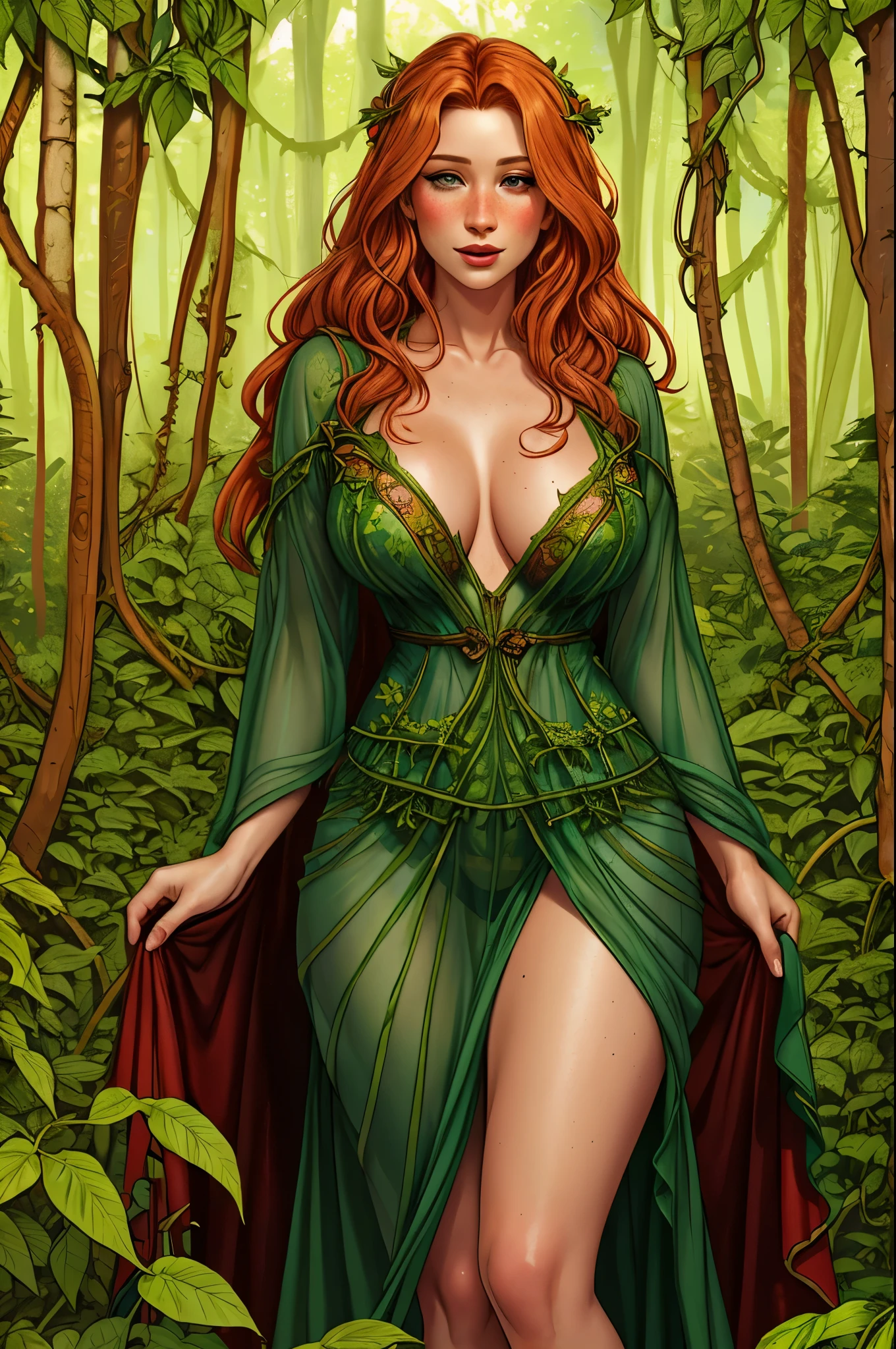 rubenesque woman, standing in a forest glade, woman, reddish-blonde, freckles, ((covered in vines)), druidess, vines, robe of vines and leaves, pinup, ((see-though)) clothes, transparent clothes,
