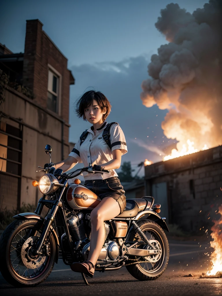 Short hair cute anine girl riding big motorcycle throwing fire
