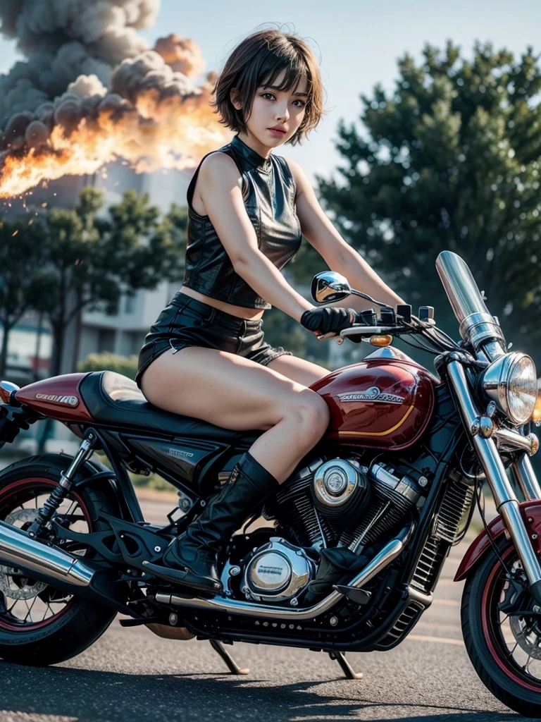 Short hair cute anine girl riding big motorcycle throwing fire