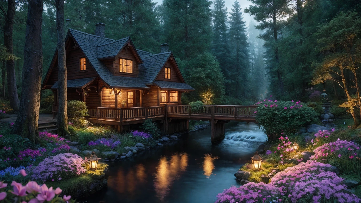 masterpiece, best quality, high quality,extremely detailed CG unity 8k wallpaper, An enchanting and dreamy scene of a fantasy forest, beautiful cottage beside a stream,with towering trees, glowing flowers, and hidden fairy glens, creating a sense of mystique and enchantment, artstation, digital illustration, intricate, trending, pastel colors, oil paiting, award winning photography, Bokeh, Depth of Field, HDR, bloom, Chromatic Aberration ,Photorealistic,extremely detailed, trending on artstation, trending on CGsociety, Intricate, High Detail, dramatic, art by midjourney