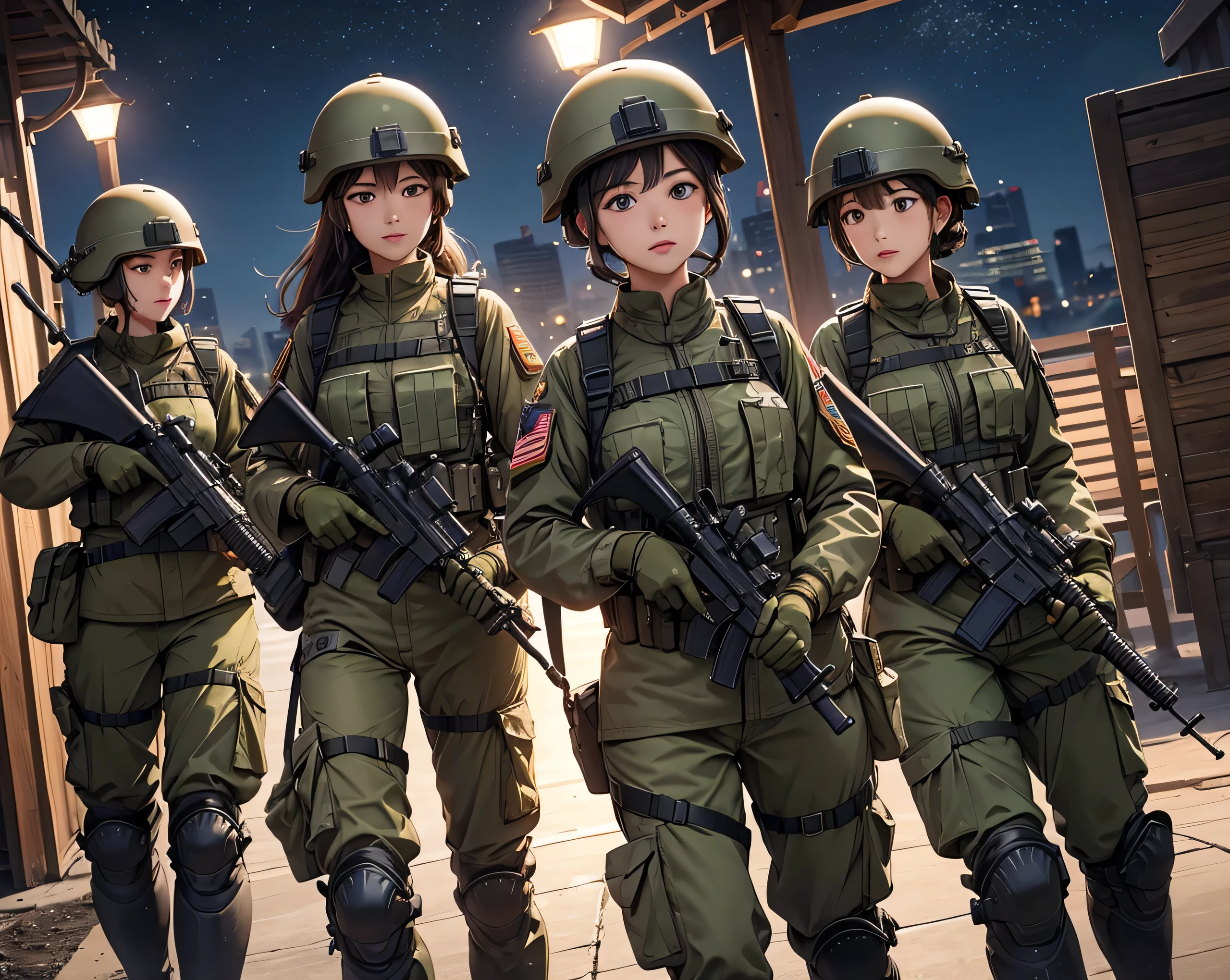 First-person perspective、Four female soldiers all wearing helmets on patrol、M.51 Military Uniform 、Military Pants、night、Show only the upper thigh area、Write details、masterpiece、best quality、Highly detailed CG、8K picture quality