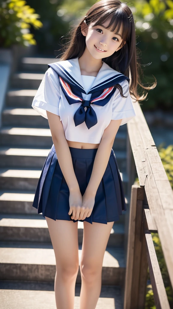 8k UHD、Digital single-lens reflex camera、High resolution、shallow depth of field、Natural light、(((sailor suit)))、(((Dark blue super mini skirt)))、(((full body shot)))、small person、(((young face)))、1 Japanese girl、; beautiful girl、(black hair)、(((brown eyes)))、Glossy skin、smooth thin hair、long hair、detailed background、highly detailed eyes and face、clear eyes、cute smile、Calm atmosphere、(((climb the stairs)))、(((detailed small breasts)))、(((beautiful eyes)))、petya pie、children `s、 thighs)))、(((white panties)))、(((angle from below) ))、(((detailed lips)))、(((The skirt is fluttering)))、beautiful shining legs、((nsfw))