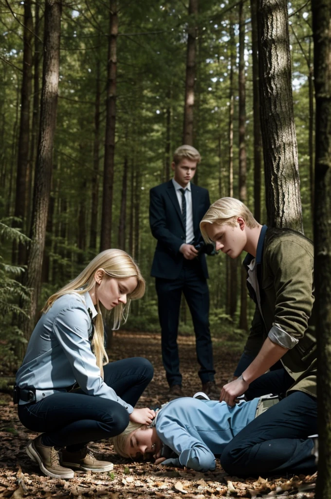 A blonde teenage girl detective, holding a magnifying glass, is examining a dead body in the woods. In the background, two blonde teenage boys are hiding behind trees, looking suspicious because they are the killers.