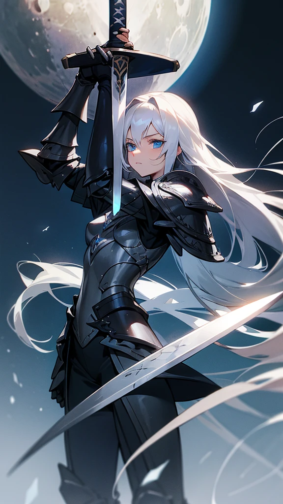 (Long Hair) (Silver Hair) (Jet Black Armor) (moon) (Dark blue eyes) (Carry a long sword),beautiful girl,One person
