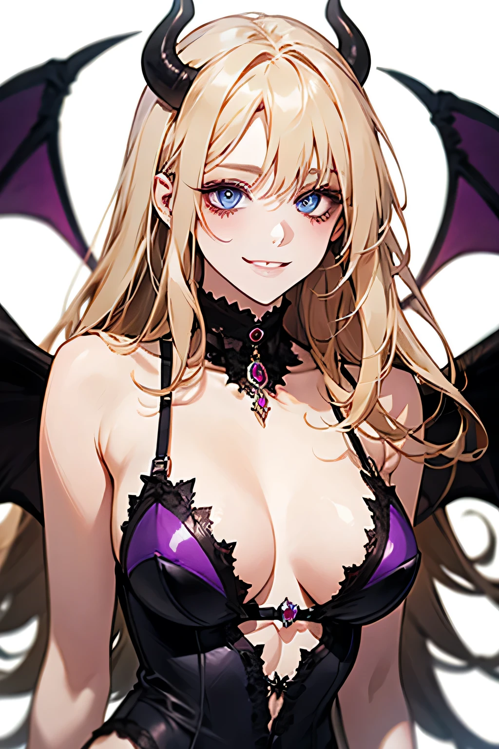Succubus,Provocative smile,Blonde,blue eyes,Purple devil wings,One devil's tail. Full moon in the background.