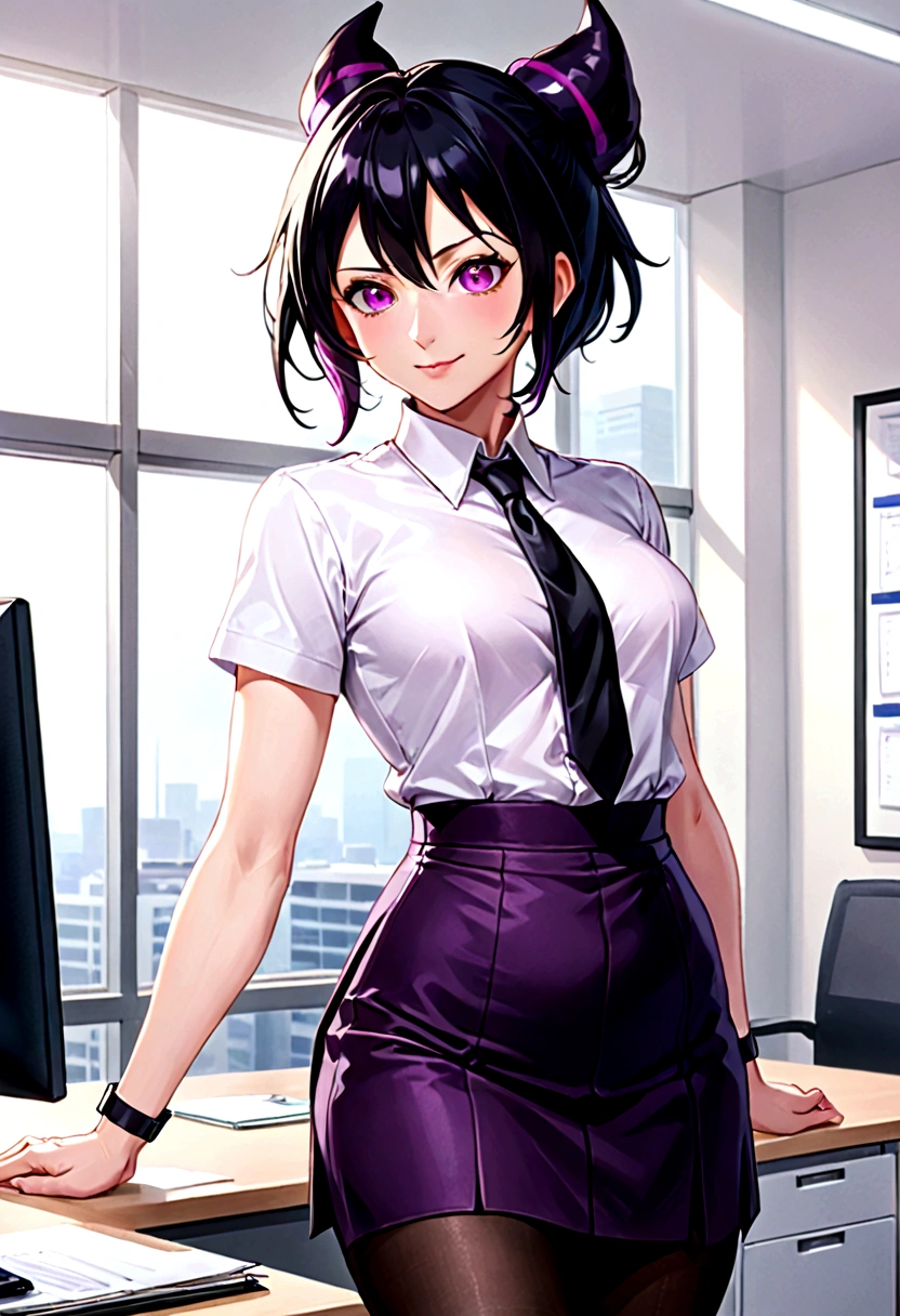 juri han, work of art, tight white secretary shirt with black tie, black high waist skirt, short skirt,stocking, black hair, black tights,evil smile,office,franja nos olhos,iluminação,chifre de cabelos,visão de cima,olhando para cima