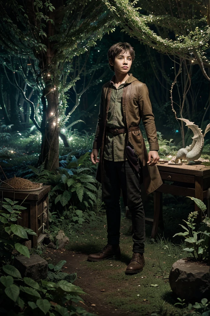 "Illustration for a fairy tale about a boy standing in a magical forest, able to communicate with the inhabitants of the forest, including animals, dragons, etc. The image should capture the essence of wonder and magic, highlighting the boy as the central figure surrounded by a variety of enchanted forest creatures. The atmosphere should be mystical yet welcoming, with the forest teeming with life and magical elements. The boy should appear calm and in harmony with his surroundings, illustrating his unique ability to connect with all forms of forest life. Include vibrant colors to bring the scene to life, with details that suggest the forest itself holds ancient secrets. The boy could be depicted in a moment of interaction with a specific magical creature, like whispering to a dragon or surrounded by a group of enchanted animals, to emphasize the theme of communication and friendship."