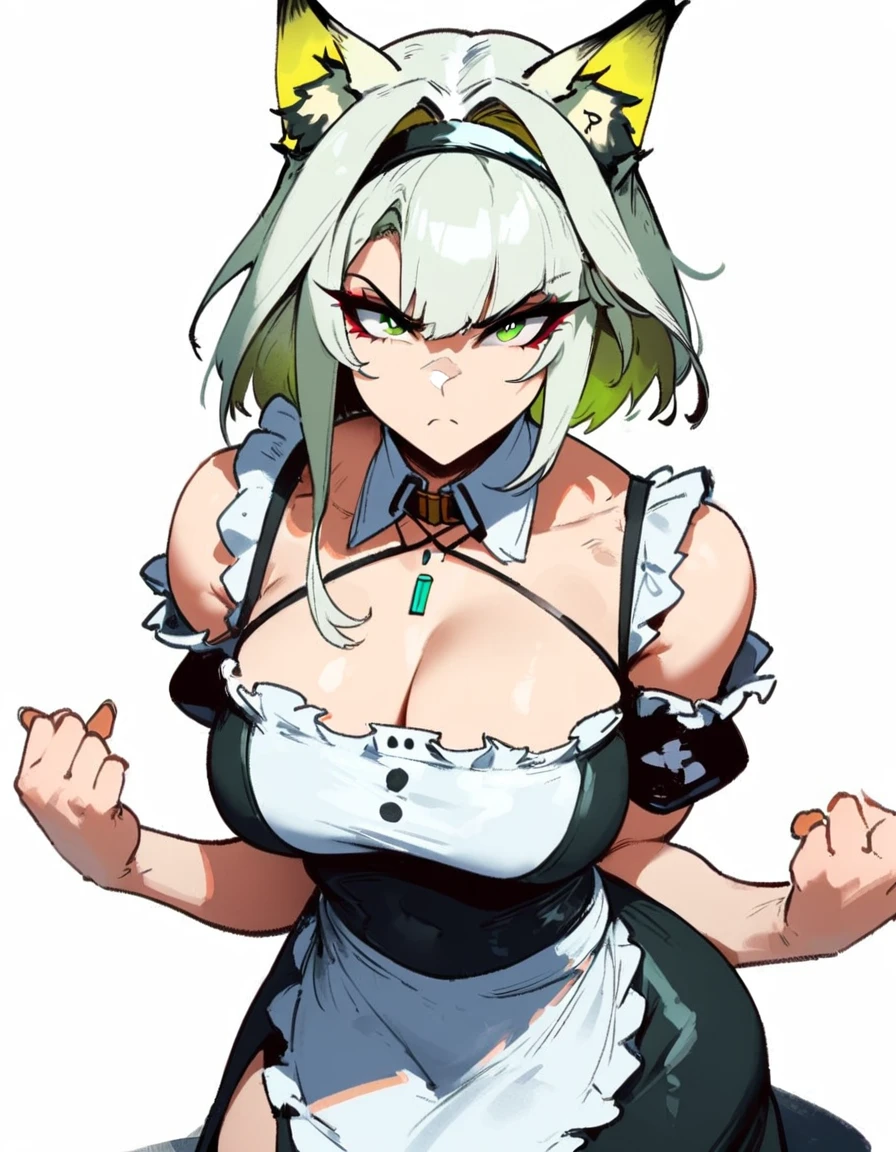 1girl, kal'tsit \(arknights\), arknights \\\\\ masterpiece, best quality, very aesthetic, absurdres, newest \\\\\\ slim body,///// ,by nyantcha,cutesexyrobutts , by khyle,,////// beautiful face, sexy, serious, angry, green eyes, animal ears, big tits,, solo,maid uniform, (white background:1.2),skirt