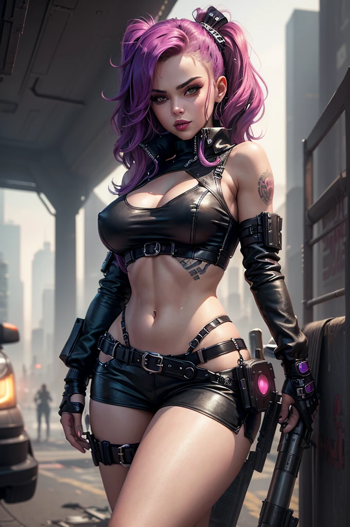 A photo of a seductive femme fatale with cyberpunk fashion, amidst a grim and gritty dystopian cityscape, revealing her midriff with an air of rebellion and confidence, sexualized, full ta, erected nipples, tiny waist, full provocative, seductive, kinky smile, animated lighting, huge eyes,
