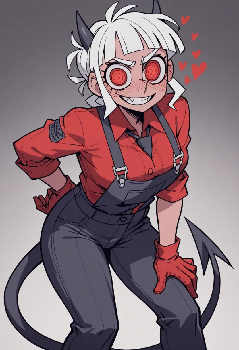 Tomboy construction worker as a Helltaker demoness with chin length hair