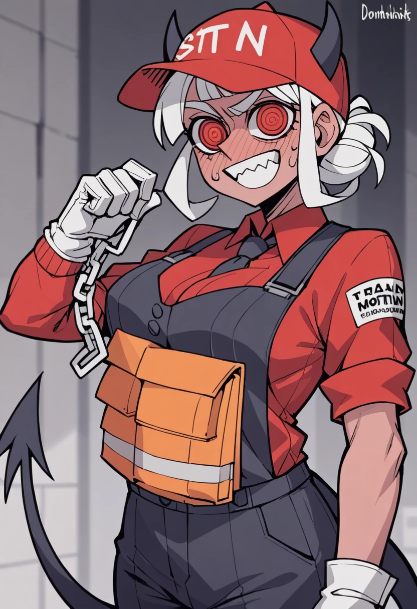 Tomboy construction worker as a Helltaker demoness with chin length hair