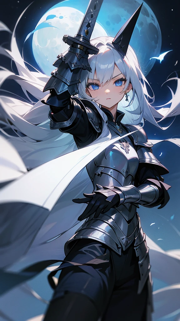 (Long Hair) (Silver Hair) (Jet Black Armor) (moon) (Dark blue eyes) (Carry a long sword),beautiful girl,One person