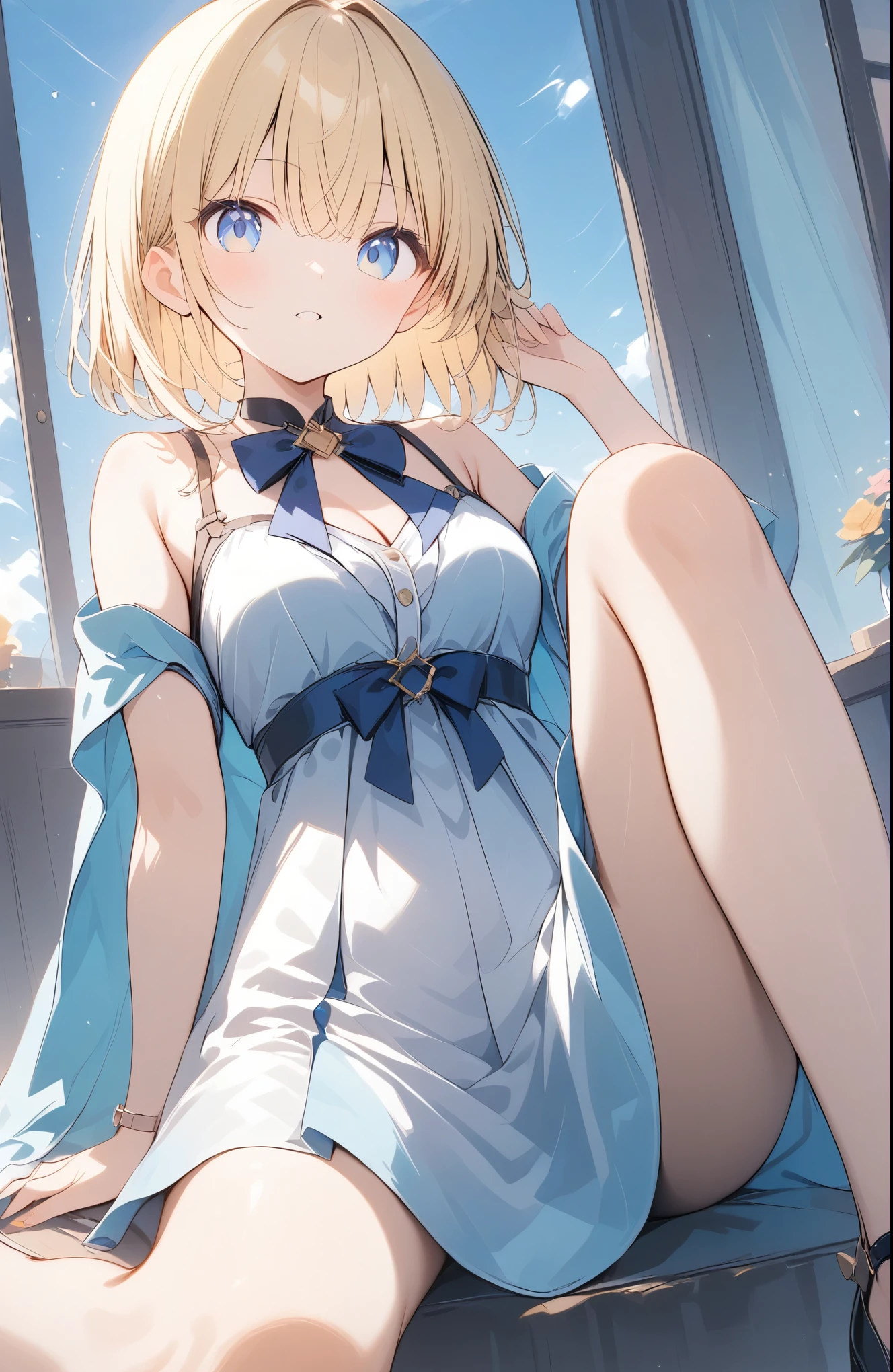 超High resolution, Attention to detail, high quality, High resolution, 最high quality, 4K, 8K, Awards, (artwork)、森の中,木の下で休む***、Blonde、Short Hair、(Blue Eyes:0.9)、cute、Sitting