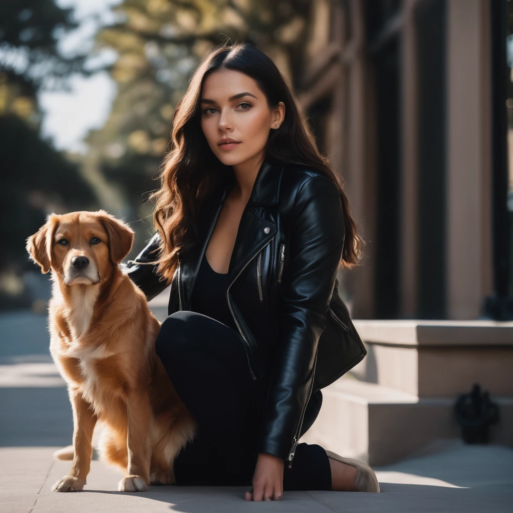 instagram photo of a woman in a black jacket, sitting next to a cute dog, posing for the camera, ((perfect eyes, detailed eyes,realistic eyes)), ((sharp face, detailed face, realistic face, naturtal skin, realistic skin, detailed skin, pores)), (masterpiece, best quality, ultra-detailed, best shadow), high contrast, (best illumination), ((cinematic light)), colorful, hyper detail, dramatic light, intricate details, (1 girl, solo) , ultra detailed artistic photography, dreamy, backlit, shadows, ultra high definition, 8k, ultra sharp focus, ultra high quality model, soft lighting, film photography, analogue photography, hyperrealism,