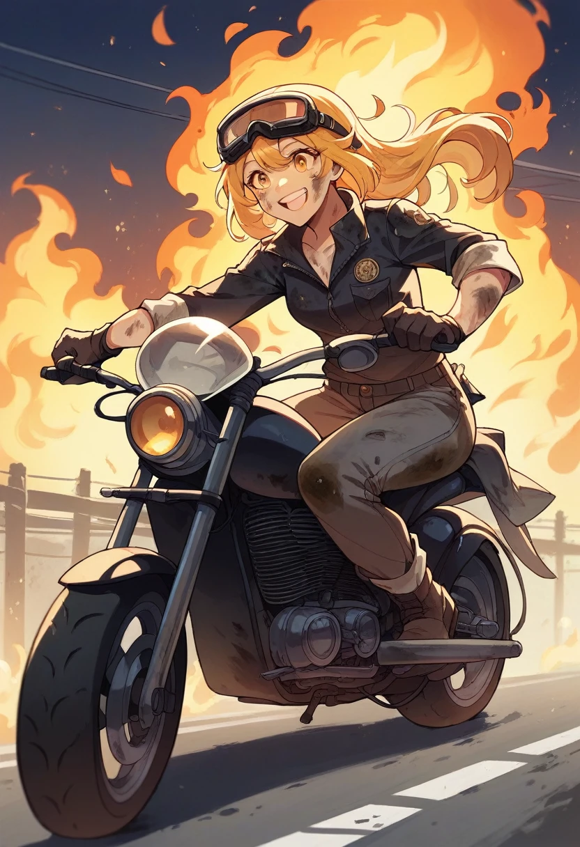 Woman riding big cruiser motorcycle, black streetwear, medium chest, long golden hair, golden eyes, big smile, happy, motorcycle goggles, dirty, apocalypse, night city on fire, highly detailed, fleeing zombies,
