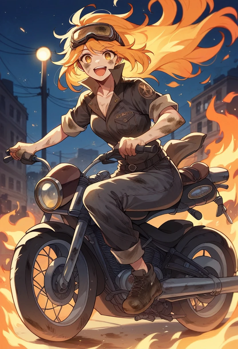 Woman riding big cruiser motorcycle, black streetwear, medium chest, long golden hair, golden eyes, big smile, happy, motorcycle goggles, dirty, apocalypse, night city on fire, highly detailed, fleeing zombies, 