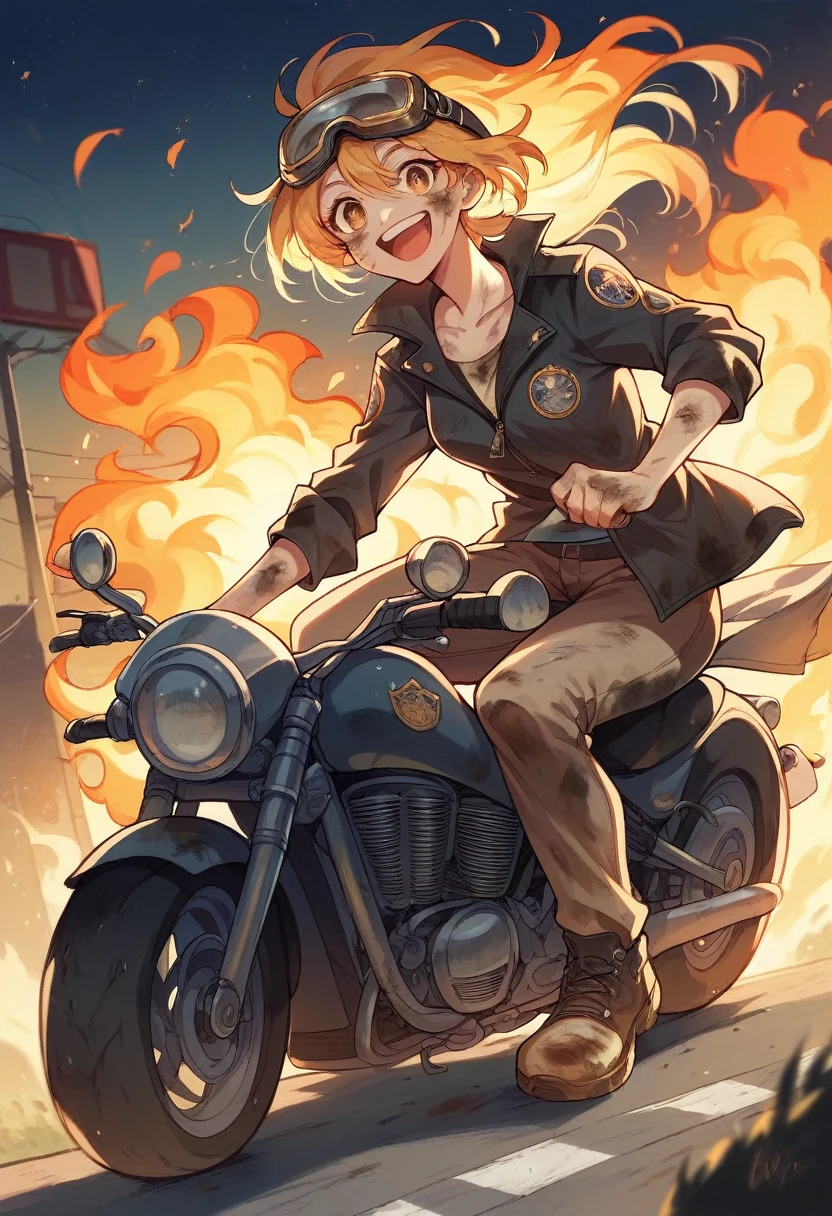 Woman riding big cruiser motorcycle, black streetwear, medium chest, long golden hair, golden eyes, big smile, happy, motorcycle goggles, dirty, apocalypse, night city on fire, highly detailed, fleeing zombies, 