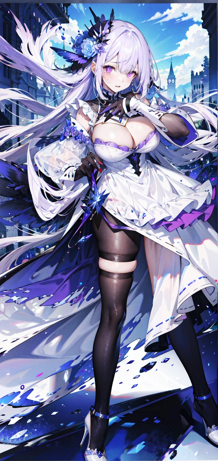 （（masterpiece：1.4，best quality）），（Super detailed），（Extremely detailed eyes），（Shiny socks：1.5），Hello Darkness
（Cute girls），15 years old，（Blood-red pupils，Diamond-shaped pupil：1.15），Purple Eyeshadow，（elongated hair，Thick hair，Single ponytail，shiny hair：1.5）（Changes through：1.2），despair，sad，Empty eyes，tears streaming down my face，tilting its head to the side，
（She wore a blue dress，：1.5），（Black gloves：1.4）Very long plush sleeves，White，White Cloud，Dream bubbles ，Ice and glitter effects
（Black long skirt：1.1），
（（Starry Sky：1.2）），
（Intense black and white：1.16），（Depth of Field：1.4），，Intricate details，(((Detailed background，Castle in the Sky，Purple flowers by the lake)))，(((Huge breasts， breasts，Deep cleavage，White stiletto high heels， clothes)))