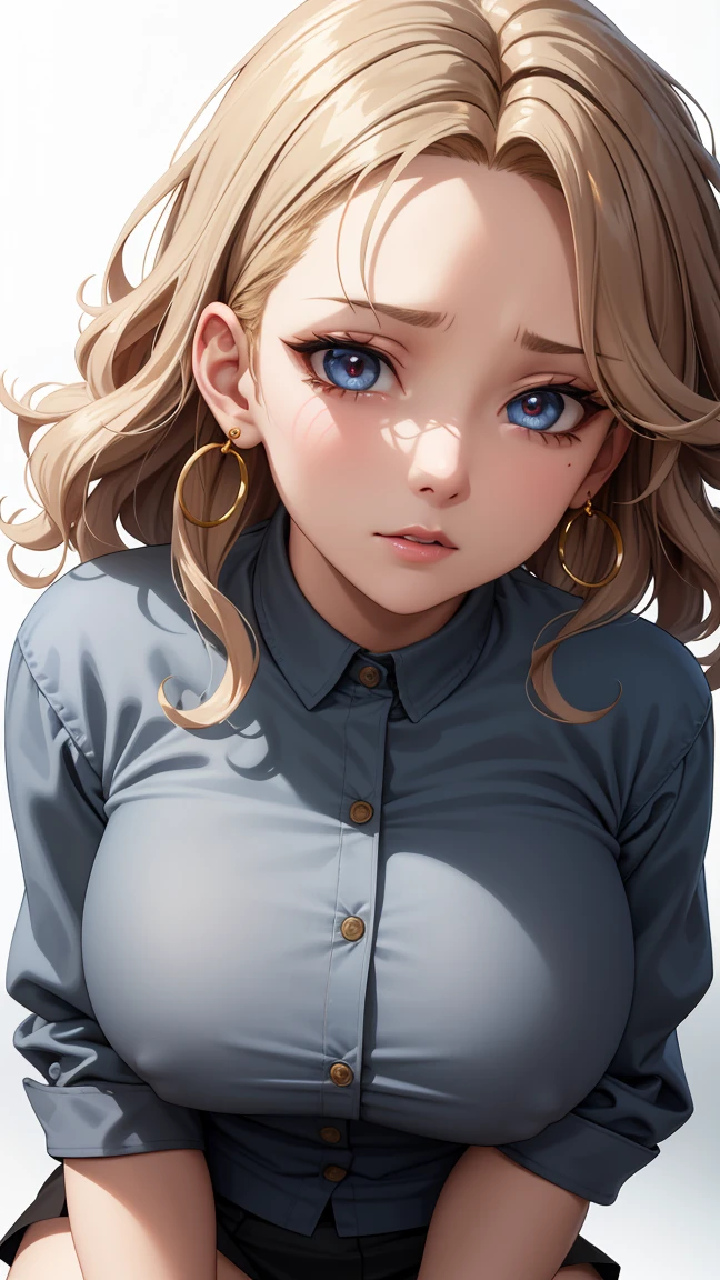 (best quality:1.5, High resolution, Ultra HD, 4K, Detailed lighting, Shaders), (High quality eyes), ( Perfect fingers),  Curly hair, Gradient hair, Large Breasts, Set, Grey shirt, Social shirts, Short skirt, Mature woman , (View), White background, Colored eyeshadow, Dramatic Lighting, Bright Eyes, Emotional expression, Gold earrings, Exquisite  features, soft skin, High cheekbones, city environment, White background, Don't look for the camera, Lean over,  Behind the camera, whole body