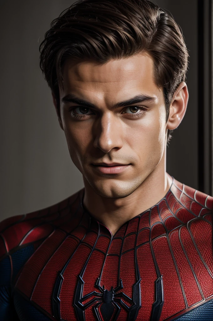 Photo of spider man, no mask, 20s, handsome, detailed face, looking at camera, Portrait, 8k uh, High quality