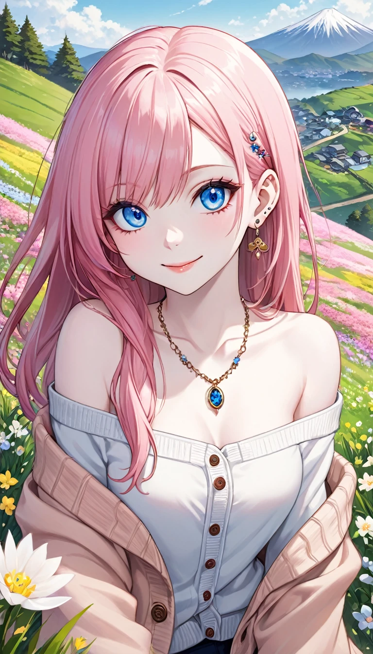 beautiful, 16K, female, happy, smiling, looking at viewer, long hair, hime cut, spiked hair, pink hair, blue eyes, big eyes, pale skin, detailed skin, detailed face, tall, skinny, cardigan, off shoulder, necklace, earrings, piercing, 30-year-old, japanese,Hill with Spring Flowers