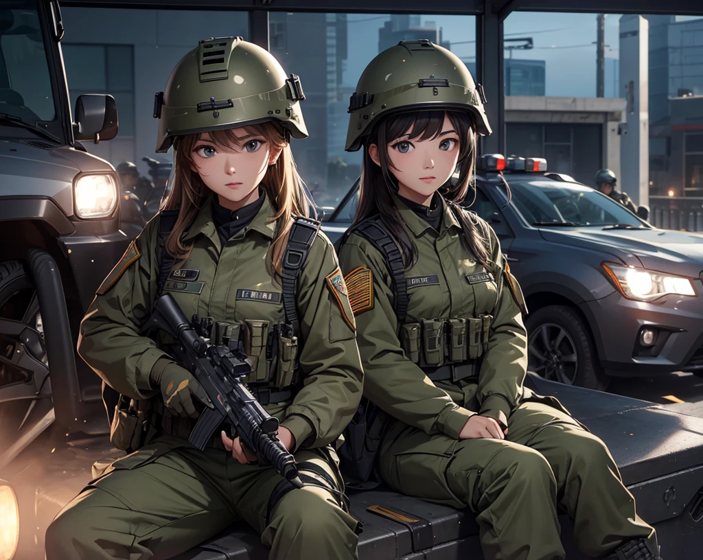 First-person perspective、Three female soldiers all wearing helmets on patrol、M.51 Military Uniform 、Military Pants、night、Sitting in patrol car、Write details、masterpiece、best quality、Highly detailed CG、8K picture quality