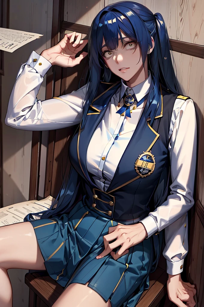 long hair, blue hair, yellow eyes, (twintails:1.1) blue suit, skirt, shirt, , badge on the chest
