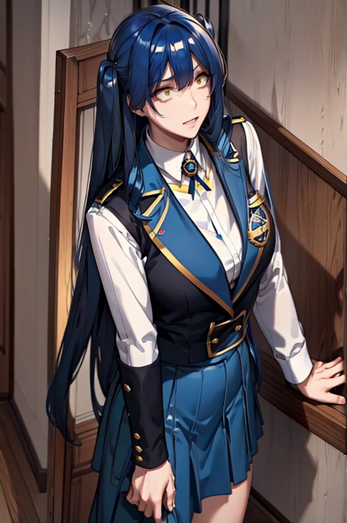 long hair, blue hair, yellow eyes, (twintails:1.1) blue suit, skirt, shirt, , badge on the chest
